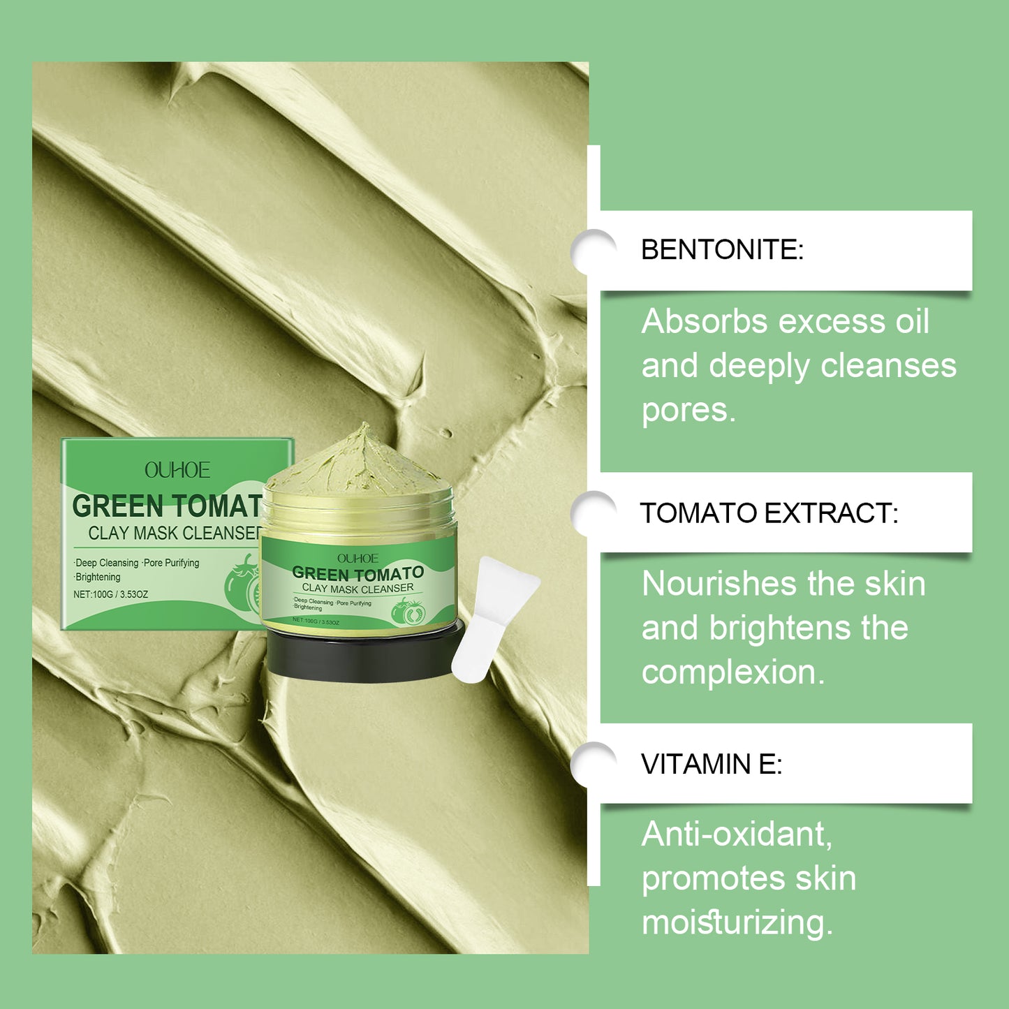 OUHOE Green Tomato Clean Clay Film Hydrating, Firming, Cleansing And Purifying Pores Facial Skin Smear Clay Film