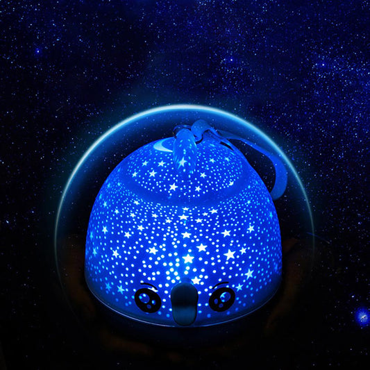 Blue starry sky projection from Lucky Fish LED Night Light, 360° rotating feature, a unique decor and gift for children.